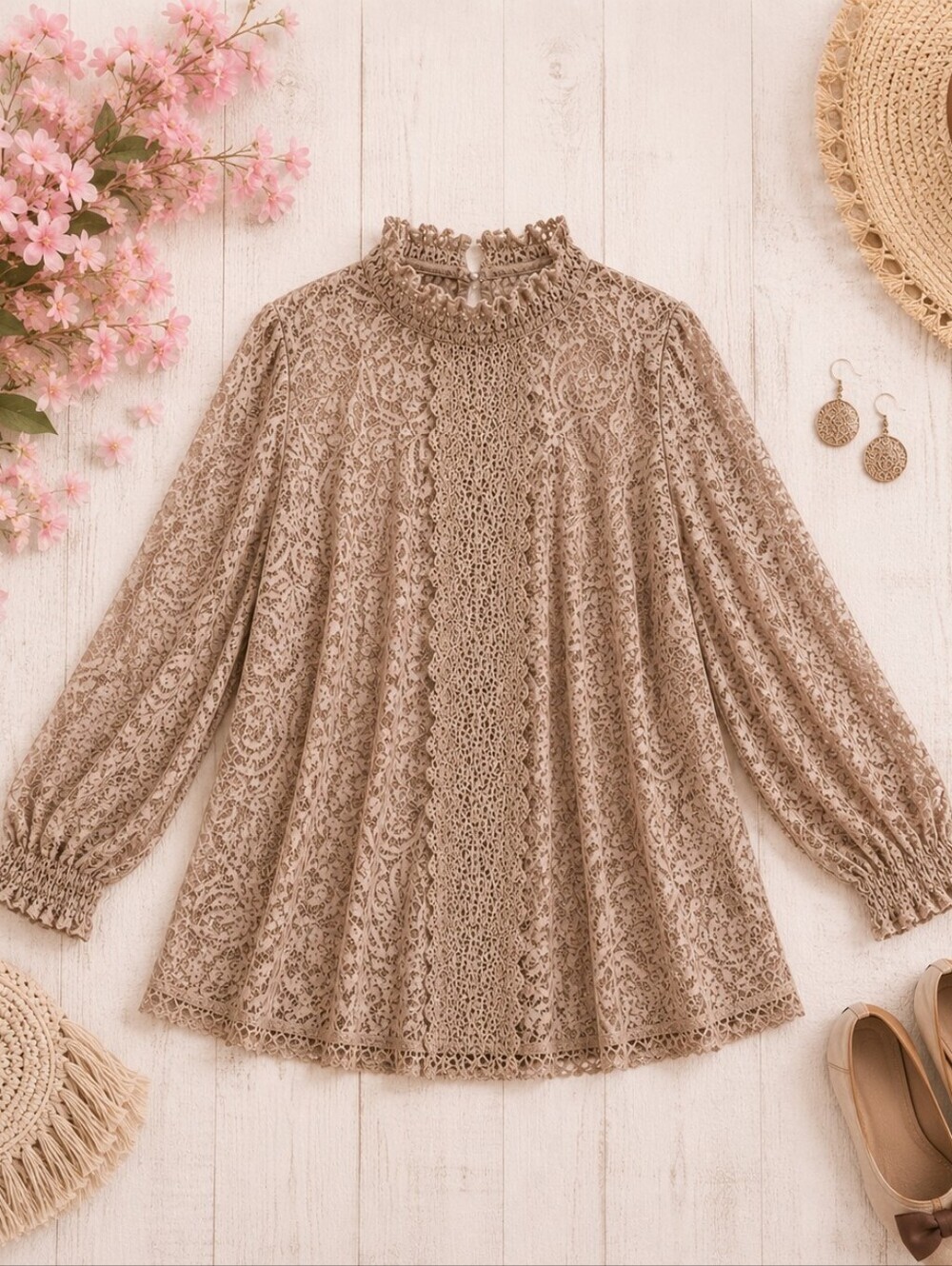 Cable & Gauge Tan Lace High Neck Blouse M